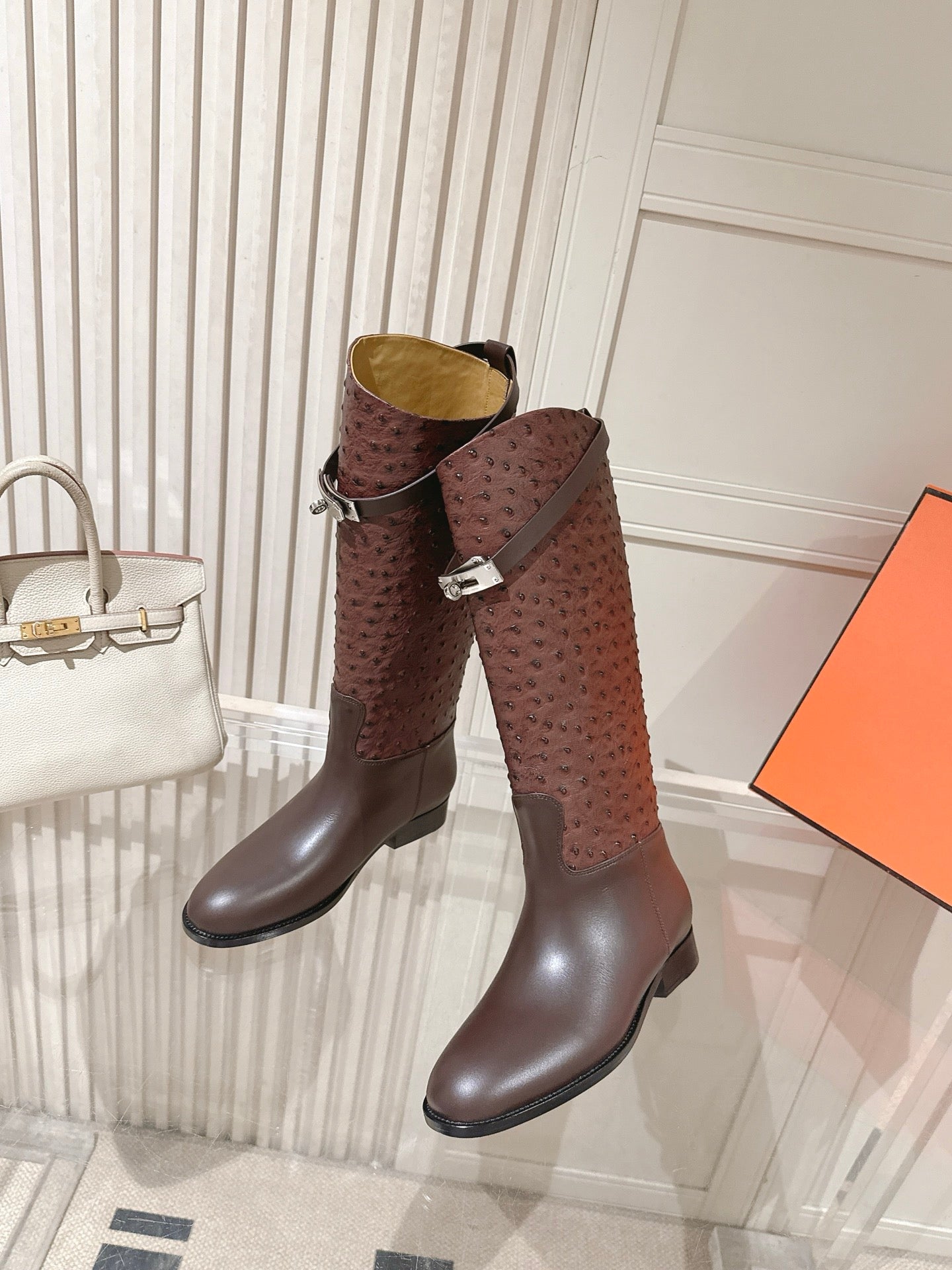 HM 26S TALL FLAT BOOTS IN DARK BROWN OSTRICH LEATHER