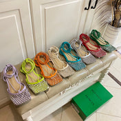 LACE-UP FLAT SANDAL IN COOL GREEN METALLIZED MESH AND LEATHER WITH RHINSTONES