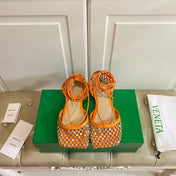 LACE-UP FLAT SANDAL IN VIVID ORANGE METALLIZED MESH AND LEATHER WITH RHINSTONES