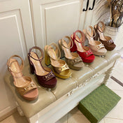 GG HORSEBIT PLATFORM SANDAL IN SCARLET RED SHEEPSKIN