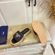 PRADA 26S SLIDE SANDALS CORK SOLE IN BLACK LOGO RAFFIA