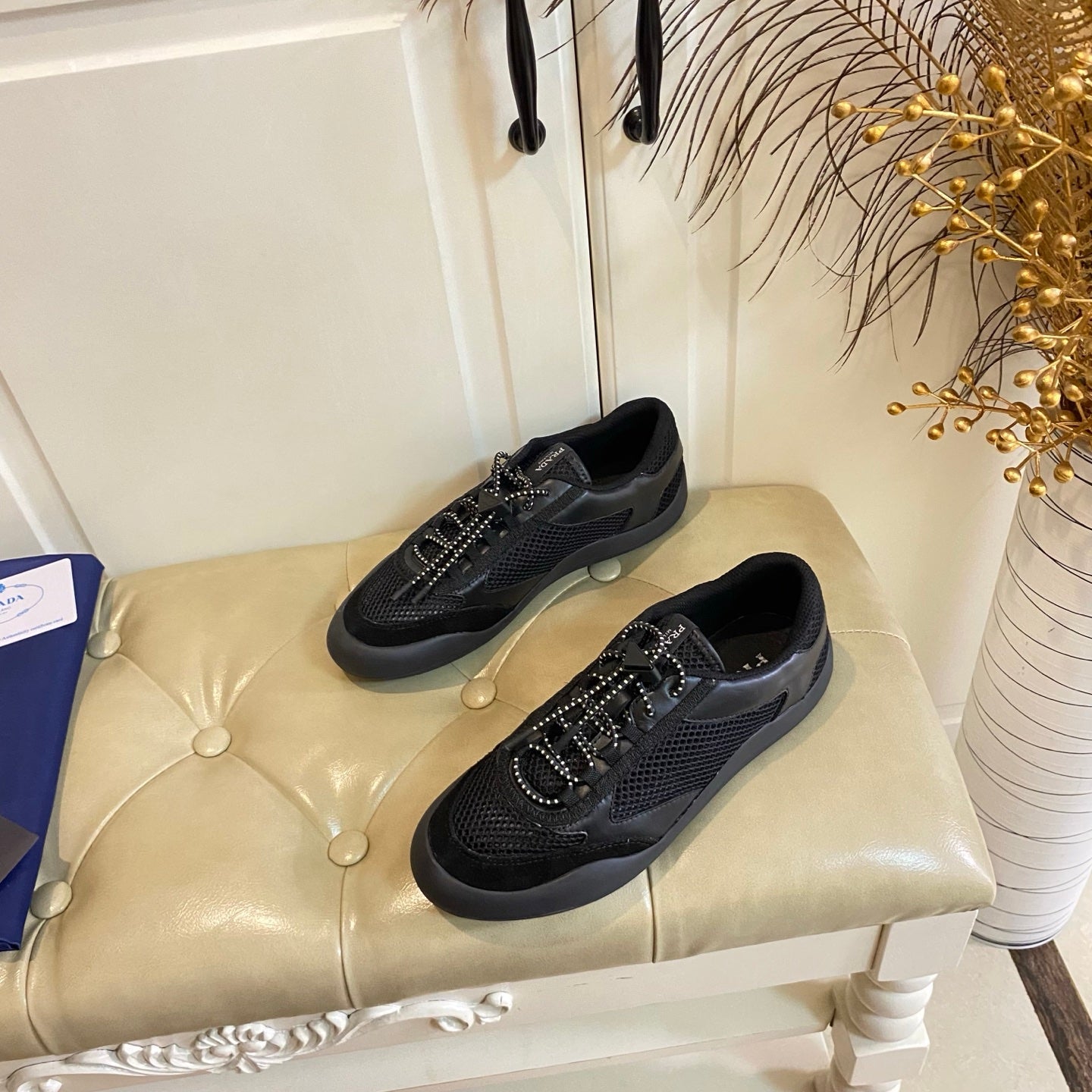 PRADA 26S LACE UP SNEAKERS CHUNKY SOLE IN BLACK TECH FABRIC AND MESH