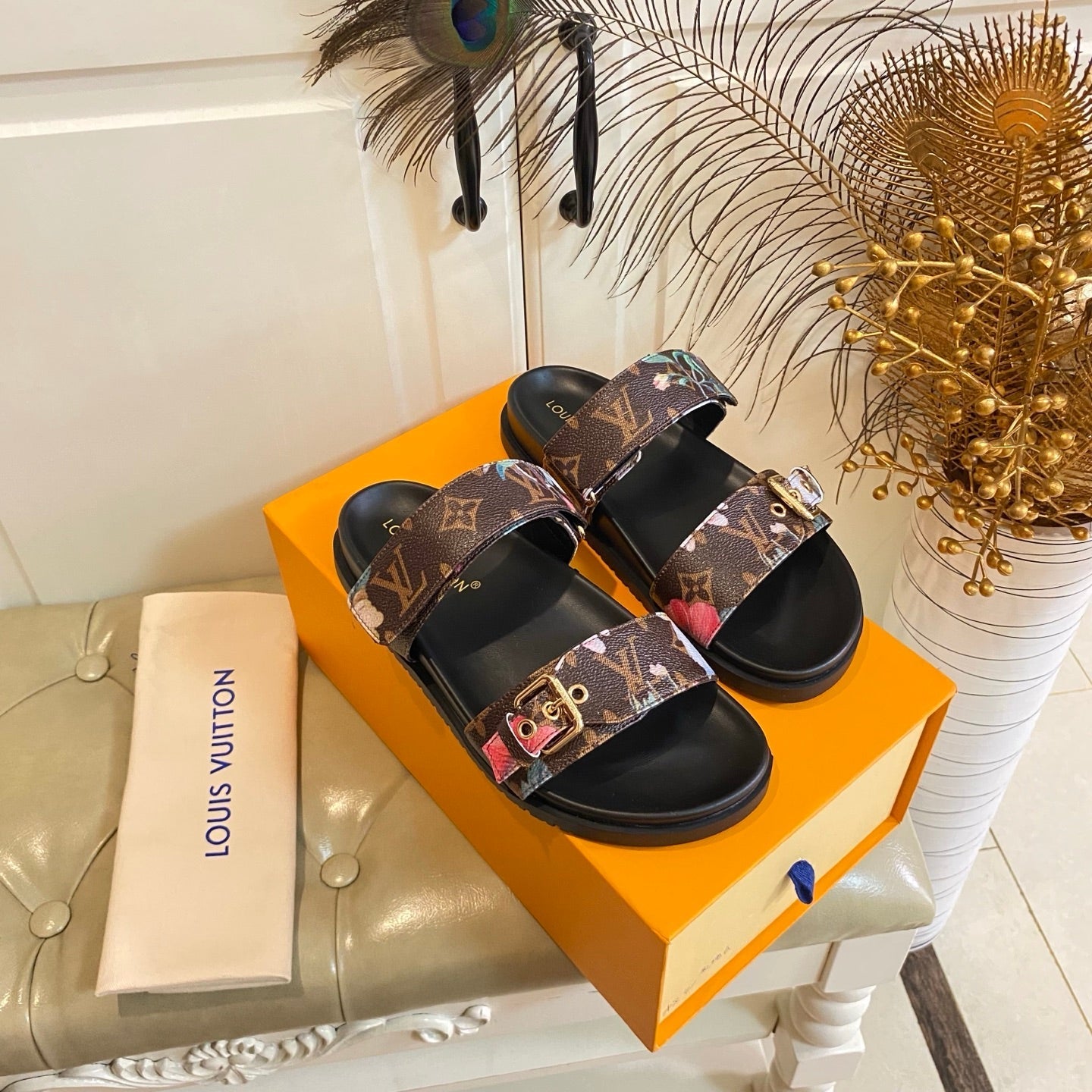 LV 26S TWO-STRAP SANDALS IN DARK BROWN MONOGRAM CANVAS WITH FLORAL PRINT
