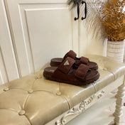 PRADA 26S DOUBLE STRAP SANDALS CHUNKY SOLE IN DARK BROWN SUEDE WITH LOGO