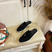 LP 26S LOCK CHARM MULES IN BLACK SUEDE GOLD HARDWARE