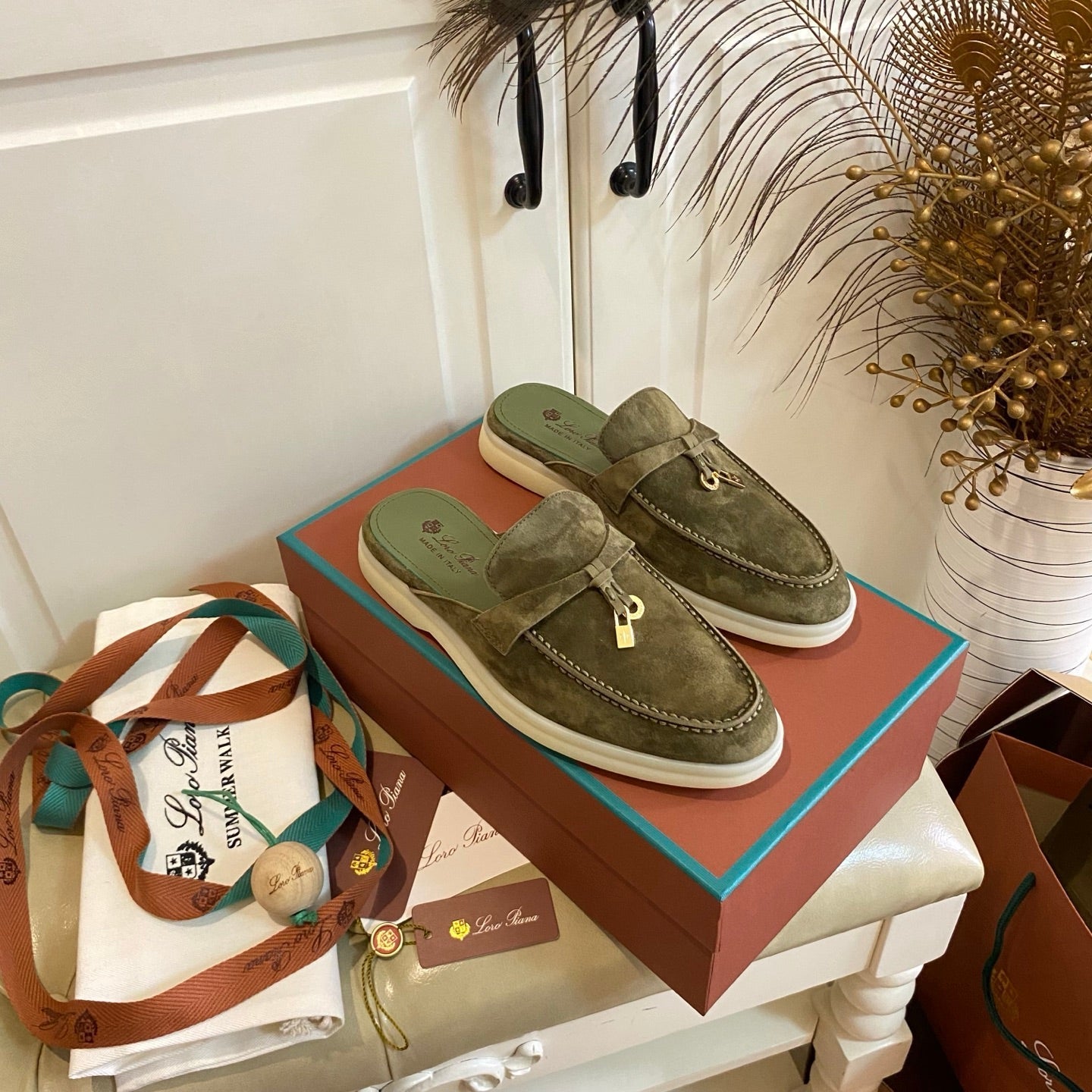LP 26S LOCK CHARM MULES IN DARK OLIVE GREEN SUEDE GOLD HARDWARE