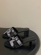 HM 25S ORAN HIGH‑HEEL SANDAL 50 MM IN BLACK LAMBSKIN WITH WHITE STONE DETAILS