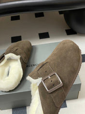 BALENCIAGA 25S FUR-LINED MULES IN DARK EARTH BROWN FAUX LEATHER