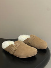 BALENCIAGA 25S FUR-LINED MULES IN LIGHT BROWN FAUX LEATHER