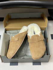 BALENCIAGA 25S FUR-LINED MULES IN LIGHT BROWN FAUX LEATHER