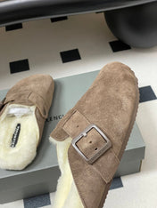 BALENCIAGA 25S FUR-LINED MULES IN EARTH BROWN FAUX LEATHER