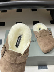 BALENCIAGA 25S FUR-LINED MULES IN EARTH BROWN FAUX LEATHER