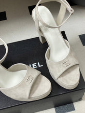 CHANEL 26S HIGH HEEL SANDALS 120 MM IN CREAM BEIGE SUEDE
