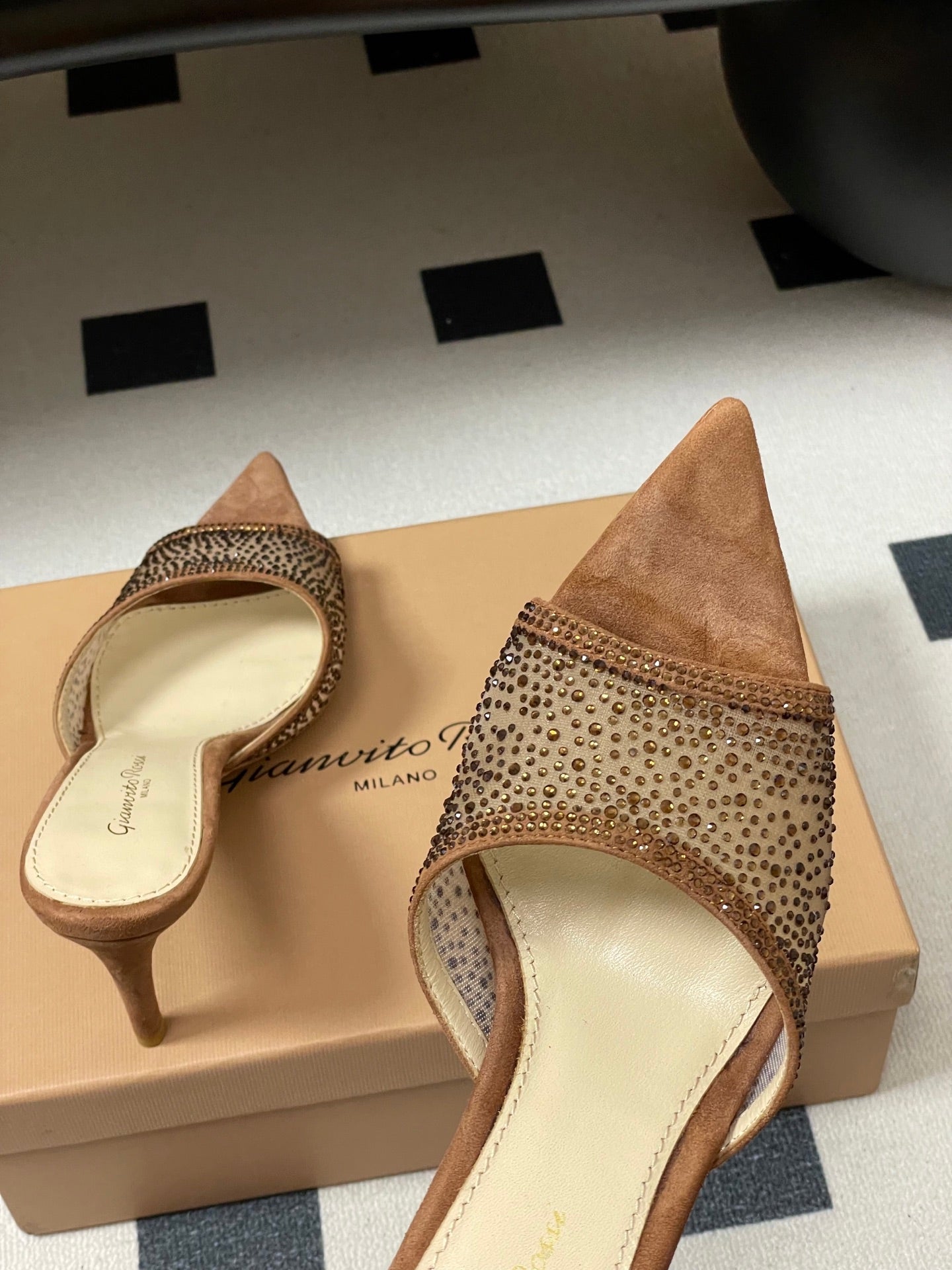 GIANVITO ROSSI 26S HIGH HEELS 85 MM IN BROWN SUEDE WITH RHINESTONE STRAP