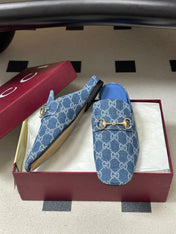 GUCCI 26S HORSEBIT LOAFER MULES IN BLUE DENIM
