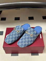 GUCCI 26S HORSEBIT LOAFER MULES IN BLUE DENIM
