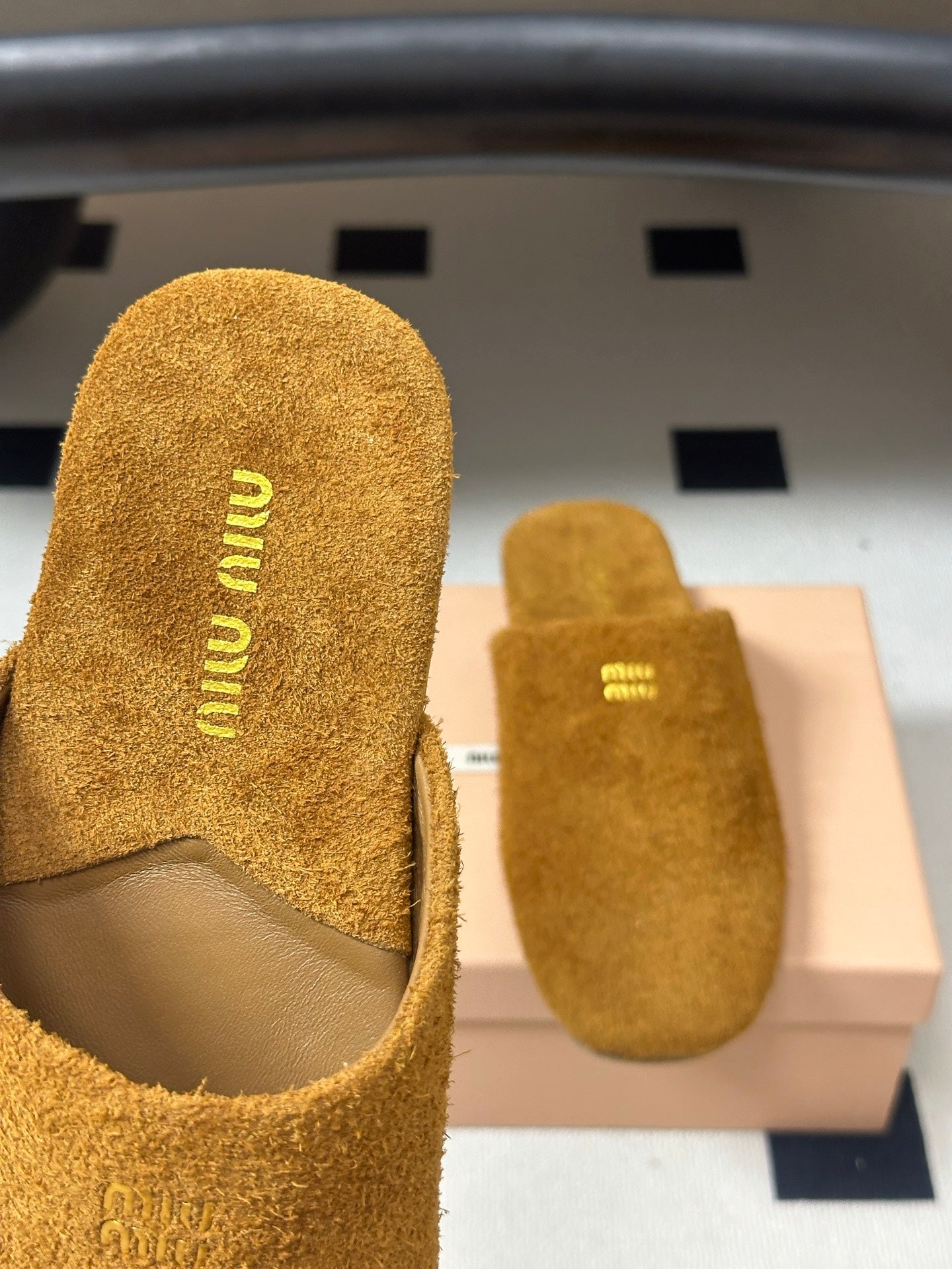 MIUMIU 26S MULE LOAFERS IN TAN BROWN SUEDE LOGO