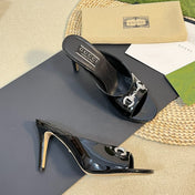GG  Women's Horsebit mid-heel slide sandal in glossy black leather