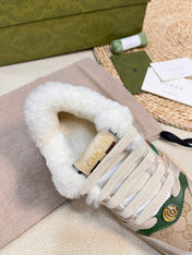 SNEAKER WITH WEB IN BEIGE GREEN FABRIC MIX SUEDE AND LAMB WOOL LINING