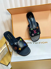 LV 26S FLAT MULES IN BLACK MULTICOLOR MONOGRAM CALFSKIN