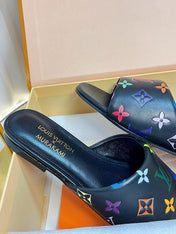 LV 26S FLAT MULES IN BLACK MULTICOLOR MONOGRAM CALFSKIN