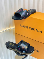 LV 26S FLAT MULES IN BLACK MULTICOLOR MONOGRAM CALFSKIN