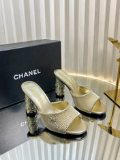 CHANEL 26S EMBELLISHED HEELED SANDALS 80 MM IN GOLD LAMBSKIN