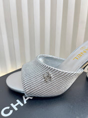 CHANEL 26S EMBELLISHED HEELED SANDALS 80 MM IN SILVER LAMBSKIN