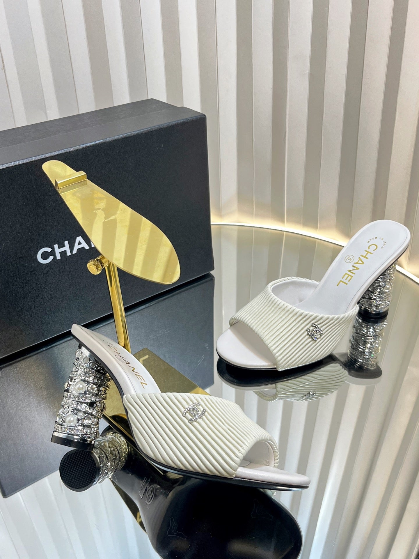 CHANEL 26S EMBELLISHED HEELED SANDALS 80 MM IN WHITE LAMBSKIN
