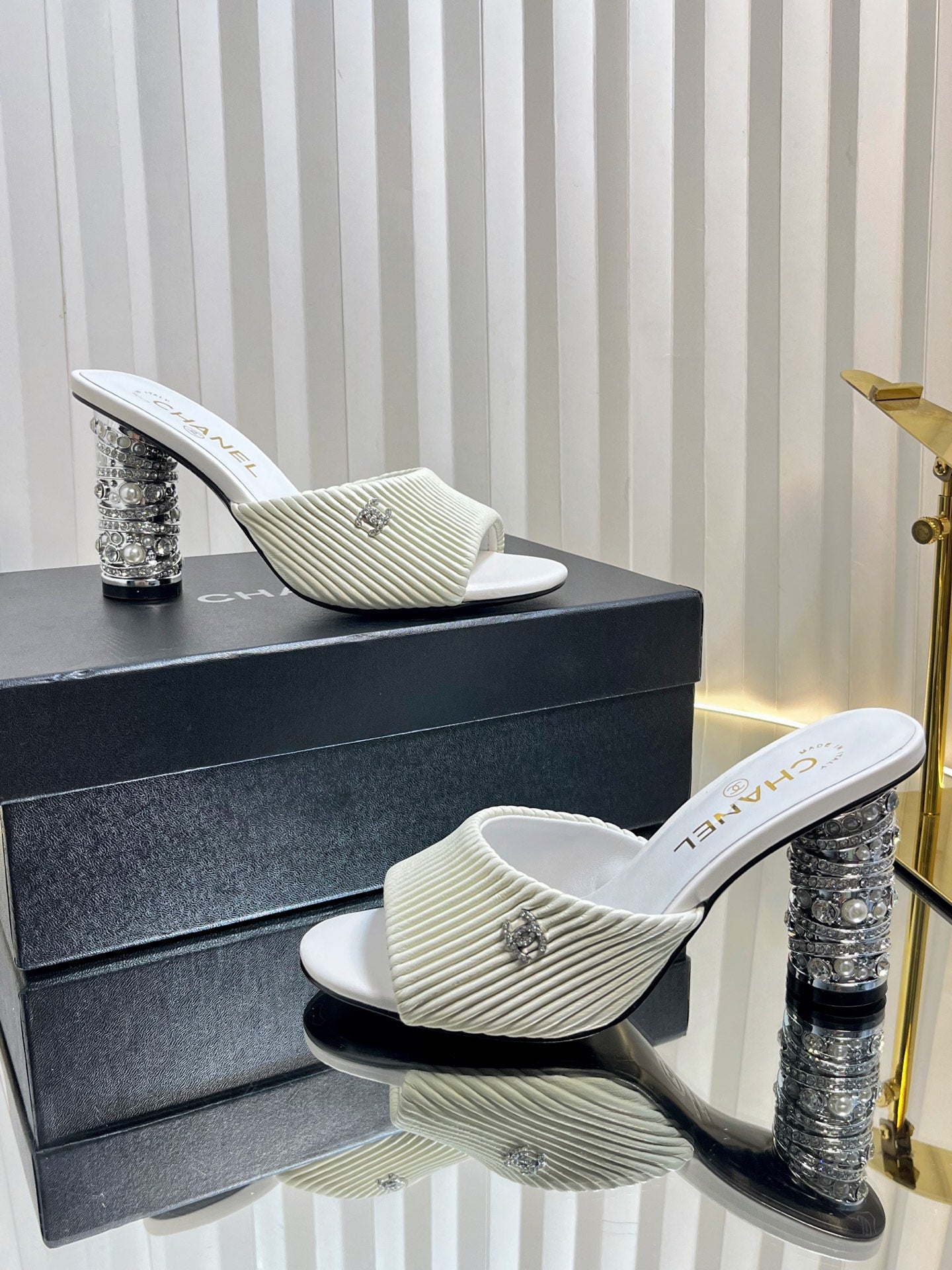CHANEL 26S EMBELLISHED HEELED SANDALS 80 MM IN WHITE LAMBSKIN