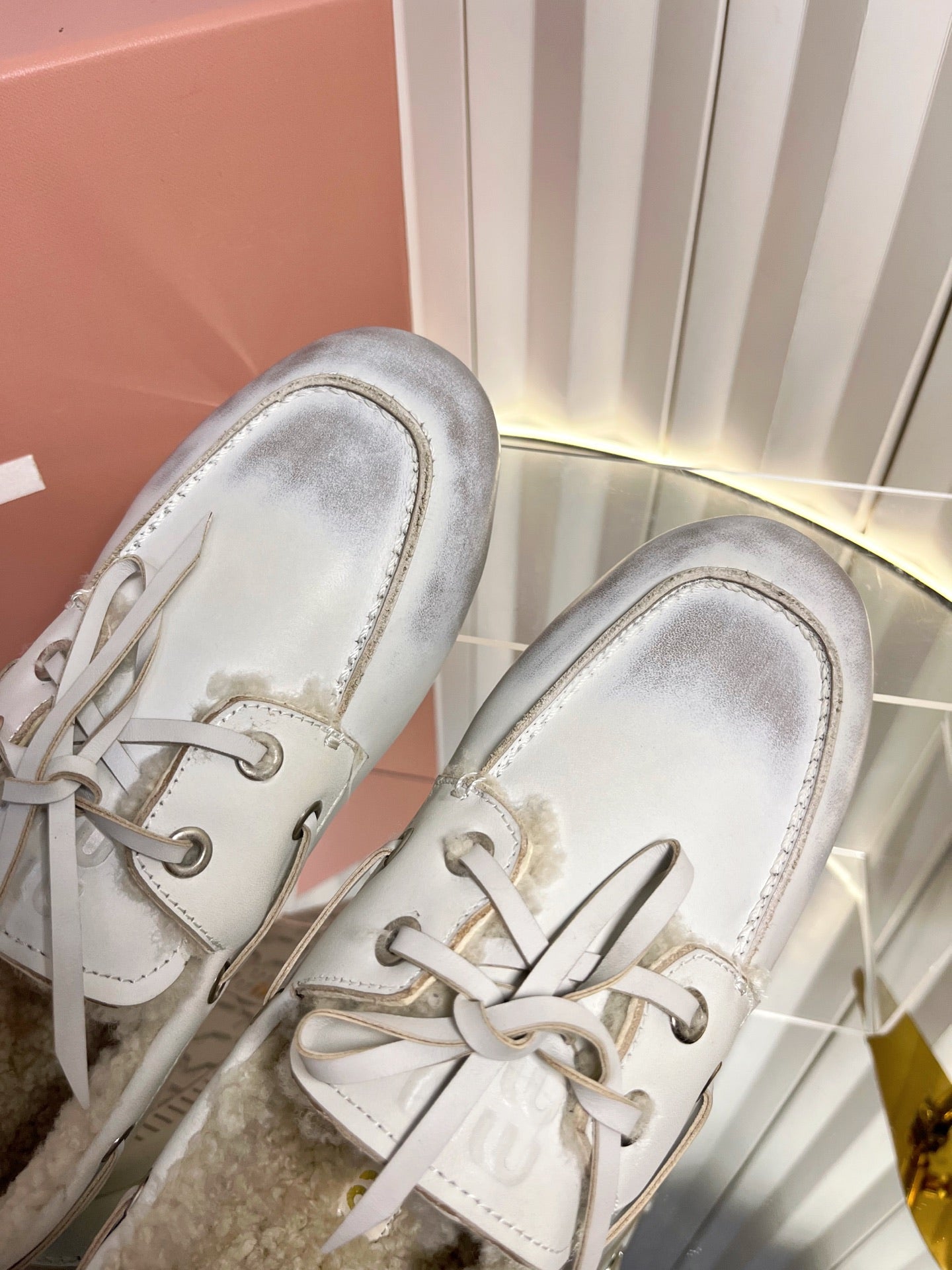 MIUMIU 26S FUR BOAT SHOES IN LIGHT GRAY CALFSKIN