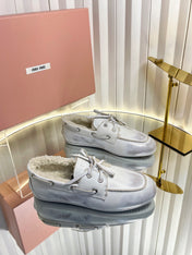 MIUMIU 26S FUR BOAT SHOES IN LIGHT GRAY CALFSKIN