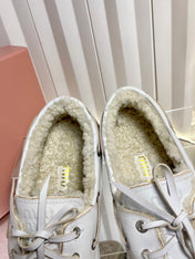 MIUMIU 26S FUR BOAT SHOES IN LIGHT GRAY CALFSKIN