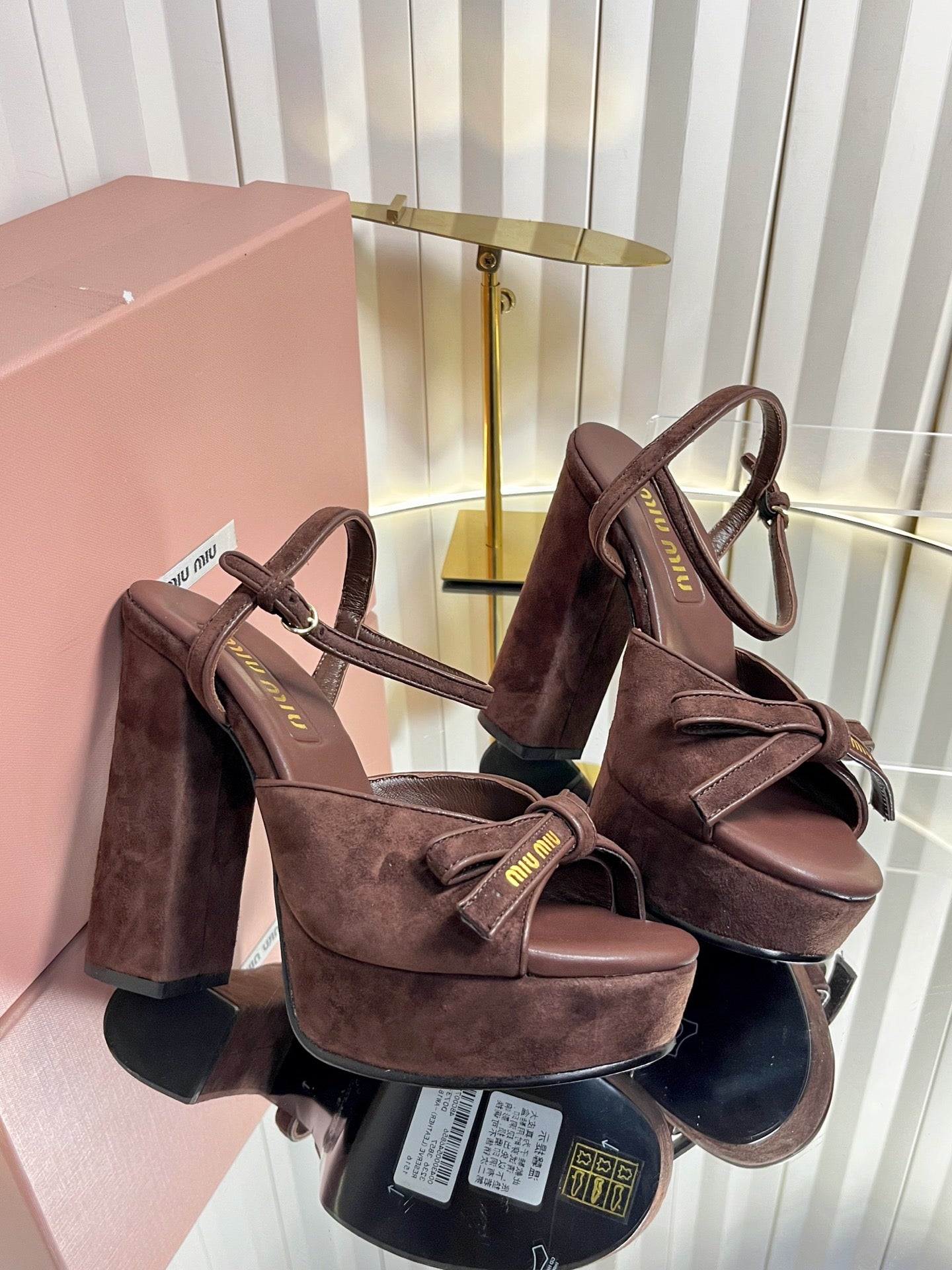 MIUMIU 26S PLATFORM ANKLE STRAP SANDALS 120MM IN DARK BROWN SUEDE WITH BOW