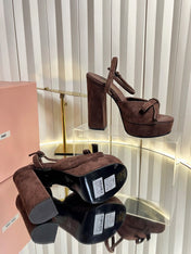 MIUMIU 26S PLATFORM ANKLE STRAP SANDALS 120MM IN DARK BROWN SUEDE WITH BOW