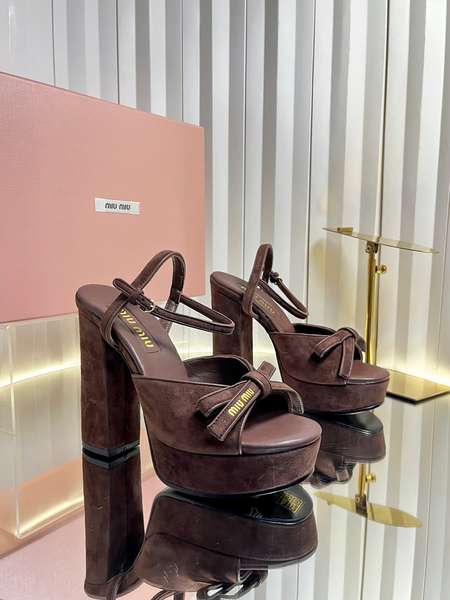 MIUMIU 26S PLATFORM ANKLE STRAP SANDALS 120MM IN DARK BROWN SUEDE WITH BOW