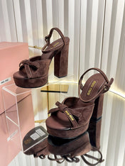 MIUMIU 26S PLATFORM ANKLE STRAP SANDALS 120MM IN DARK BROWN SUEDE WITH BOW