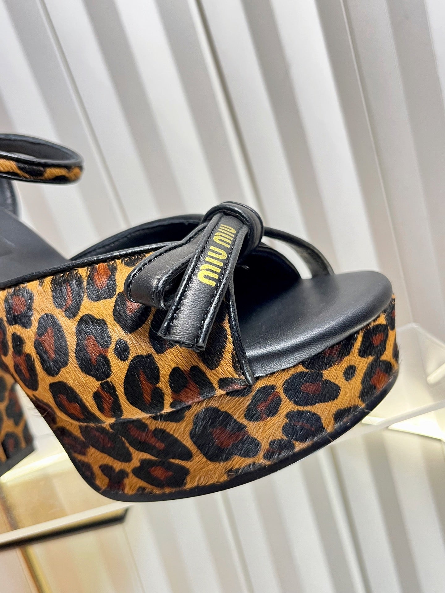 MIUMIU 26S PLATFORM ANKLE STRAP SANDALS 120MM IN LEOPARD PRINT CALF HAIR WITH BOW