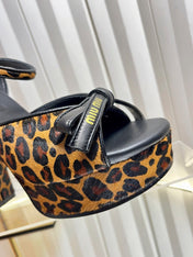 MIUMIU 26S PLATFORM ANKLE STRAP SANDALS 120MM IN LEOPARD PRINT CALF HAIR WITH BOW