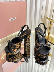 MIUMIU 26S PLATFORM ANKLE STRAP SANDALS 120MM IN LEOPARD PRINT CALF HAIR WITH BOW