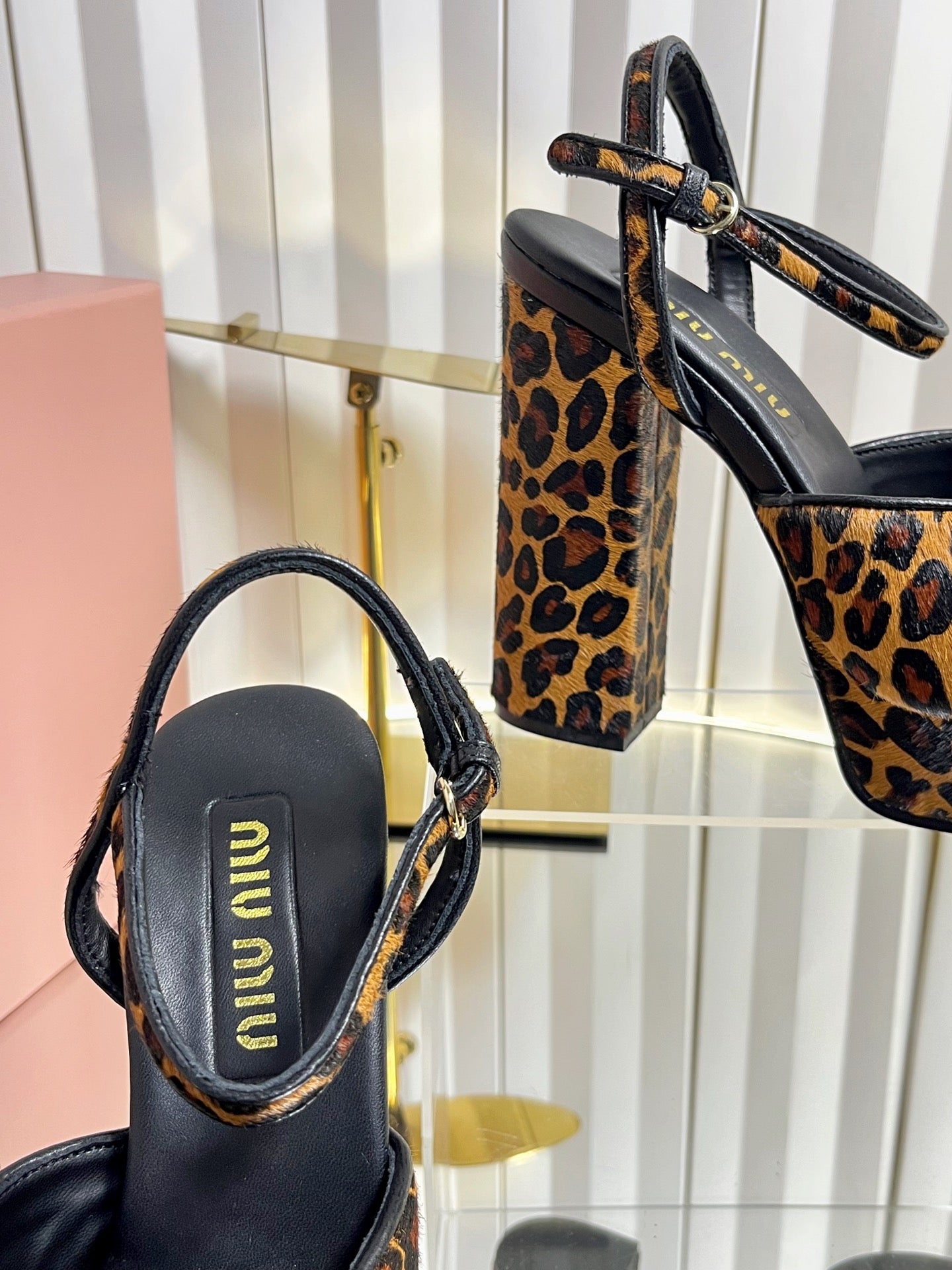 MIUMIU 26S PLATFORM ANKLE STRAP SANDALS 120MM IN LEOPARD PRINT CALF HAIR WITH BOW