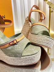LV 26S HELIOS WEDGE SANDAL 120MM IN KHAKI GREEN MONOGRAM DENIM
