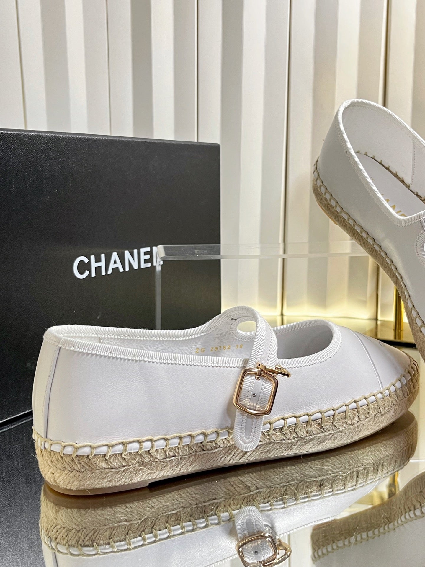 CHANEL 26S ESPADRILLE MARY JANE SHOES IN WHITE LAMBSKIN
