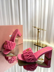 MIUMIU 26S PADDED MATELASSE MULE HEELS 65MM IN PINK CALFSKIN GOLD HARDWARE