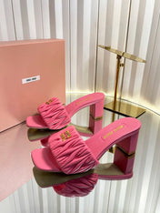 MIUMIU 26S PADDED MATELASSE MULE HEELS 65MM IN PINK CALFSKIN GOLD HARDWARE