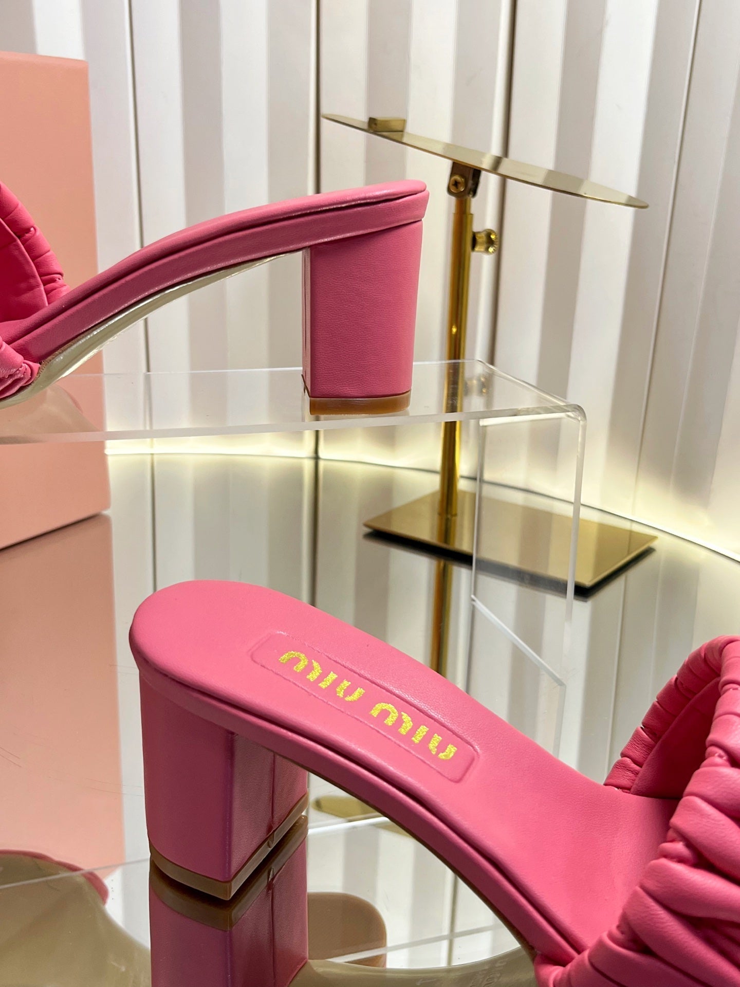 MIUMIU 26S PADDED MATELASSE MULE HEELS 65MM IN PINK CALFSKIN GOLD HARDWARE