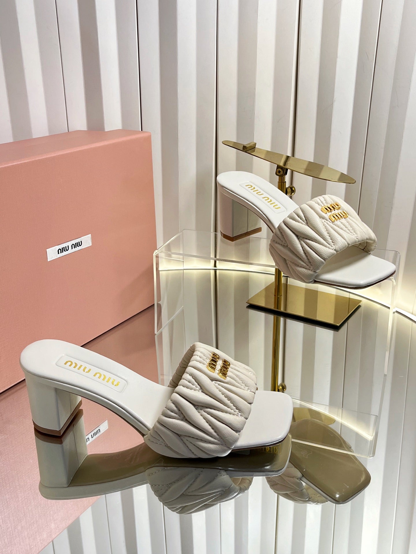 MIUMIU 26S PADDED MATELASSE MULE HEELS 65MM IN LIGHT BEIGE CALFSKIN GOLD HARDWARE