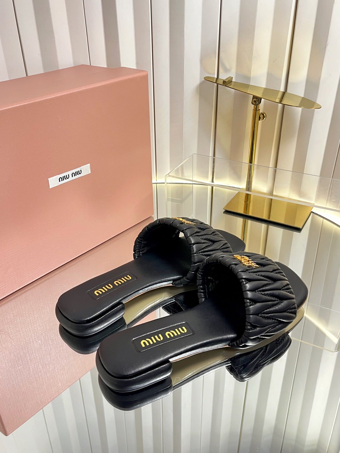 MIUMIU 26S MATELASSE SLIDES IN BLACK CALFSKIN GOLD HARDWARE