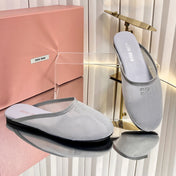 MIUMIU 26S FLAT MULES IN GREY FABRIC AND LEATHER