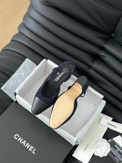 HIGH SLINGBACK IN NAVY BLUE TWEED AND BLACK LAMBSKIN